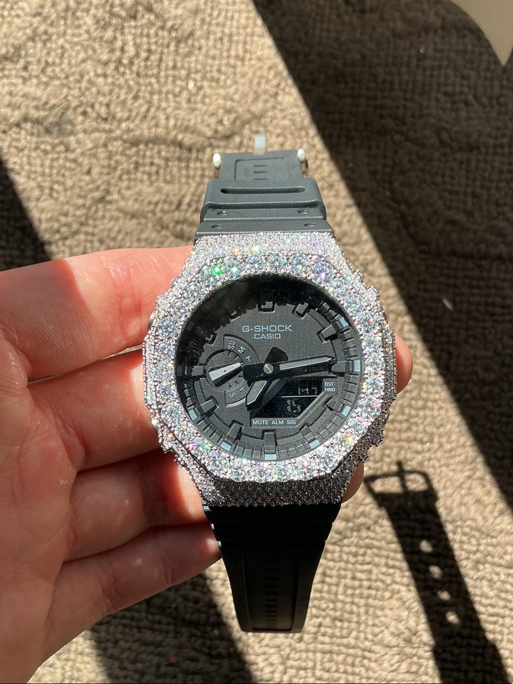 Casio Black G-Shock Watch with Sparkling Moissanite Silver Crystal Bezel